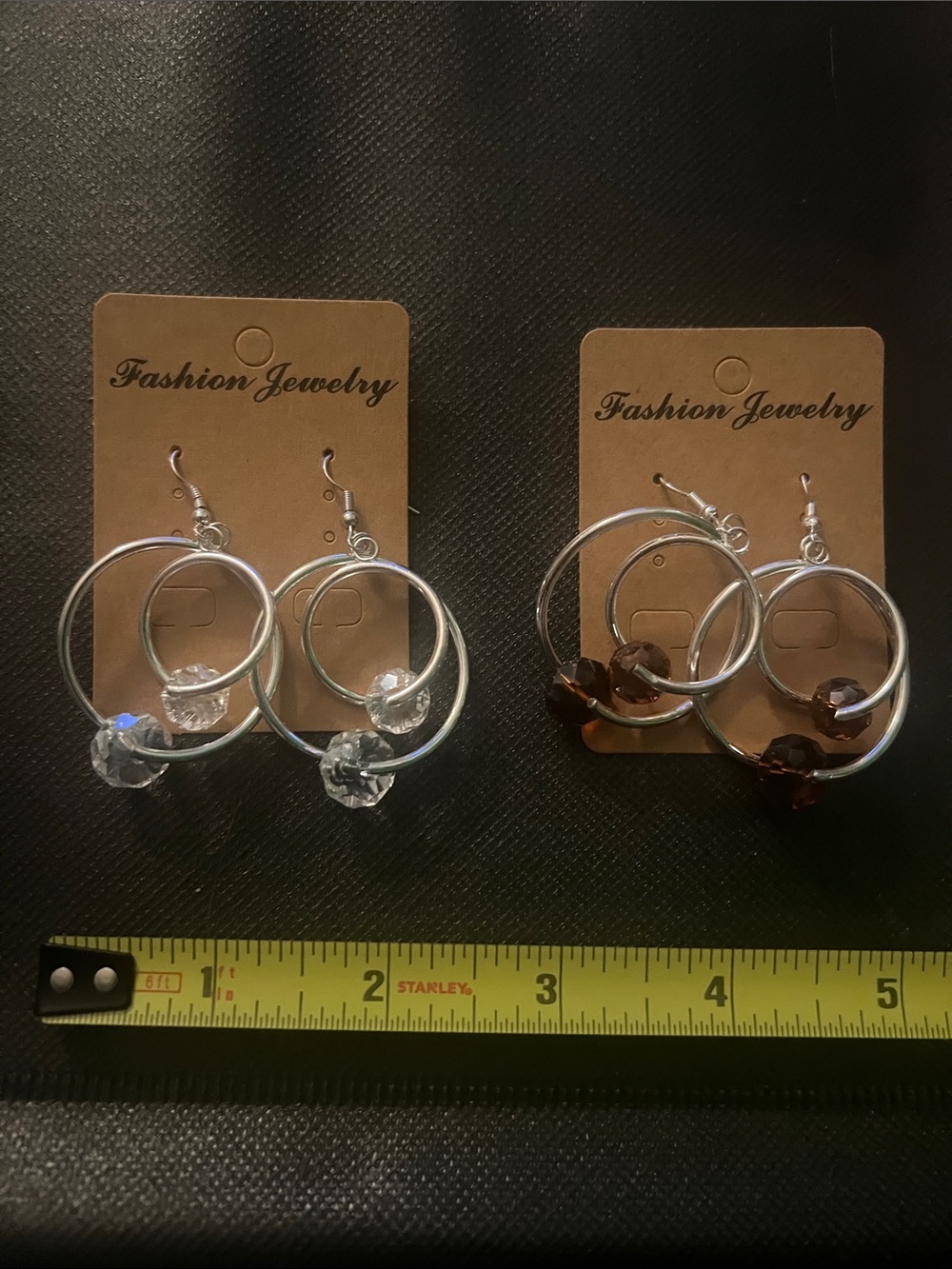 Fashion Jewelry Silver Hoop Earrings with Clear and Brown Bead Accents